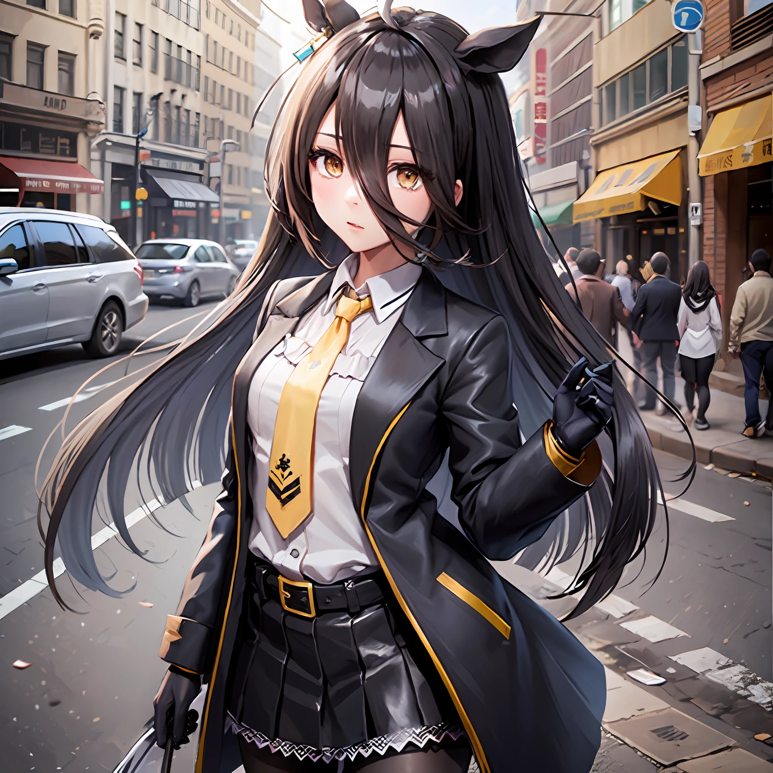 ((masutepiece, Best Quality)),1girl,Manhattan Cafe,Manhattan Cafe(Racing clothes),horse girl,horse ears,hair_between_eyes,solo,pantyhose,long_hair, black_hair, black gloves,yellow_eyes,ahoge,necktie,black_jacket,skirt,black_footwear,small_breasts