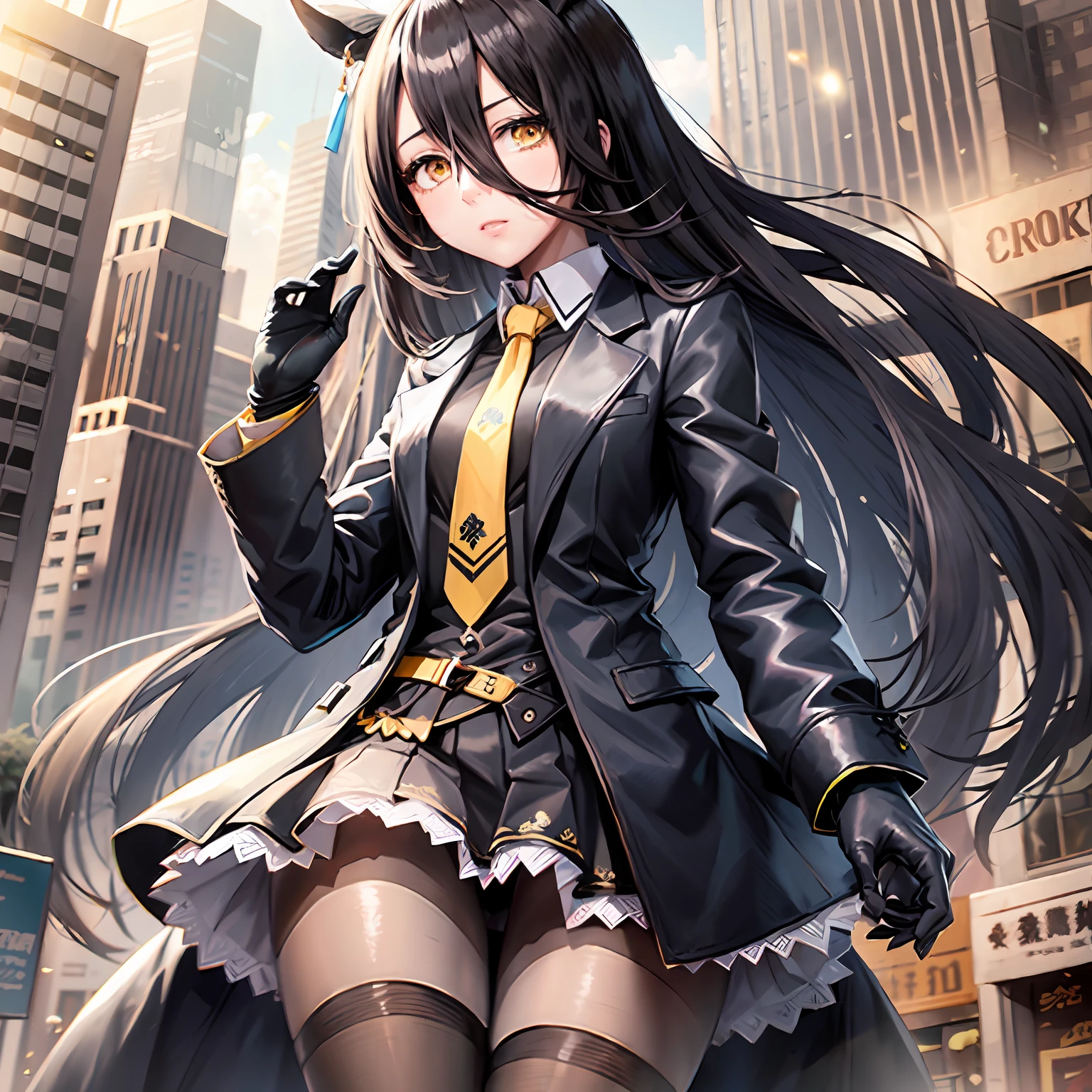 ((masutepiece, Best Quality)),1girl,Manhattan Cafe,Manhattan Cafe(Racing clothes),horse girl,horse ears,hair_between_eyes,solo,pantyhose,long_hair, black_hair, black gloves,yellow_eyes,ahoge,necktie,black_jacket,skirt,black_footwear,small_breasts