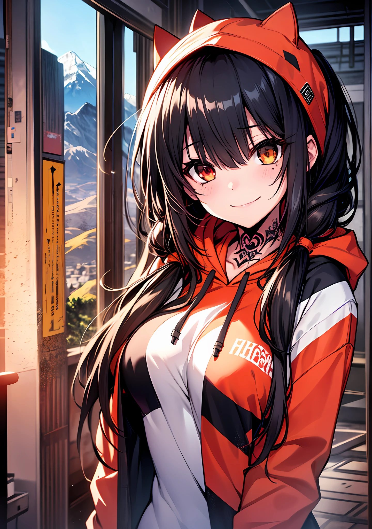 Masterpiece, high quality, ultra quality, best lighting, 1girl, ((tokisaki kurumi)), long hair, black hair, (((low twintails))), monochrome, ((right red eye:1, left yellow eye:1)), Hoodie, ((mini Hoodie)), hood on head, ((short jean)), ((big breast)), ((big thigh)), smile, blush, cute face, ((gesugao face)), standing, sexy body, sexy, tattooed full body, tattooed face, (((tattooed))),looking at viewer, large the breast, nsfw, (((mountain)))