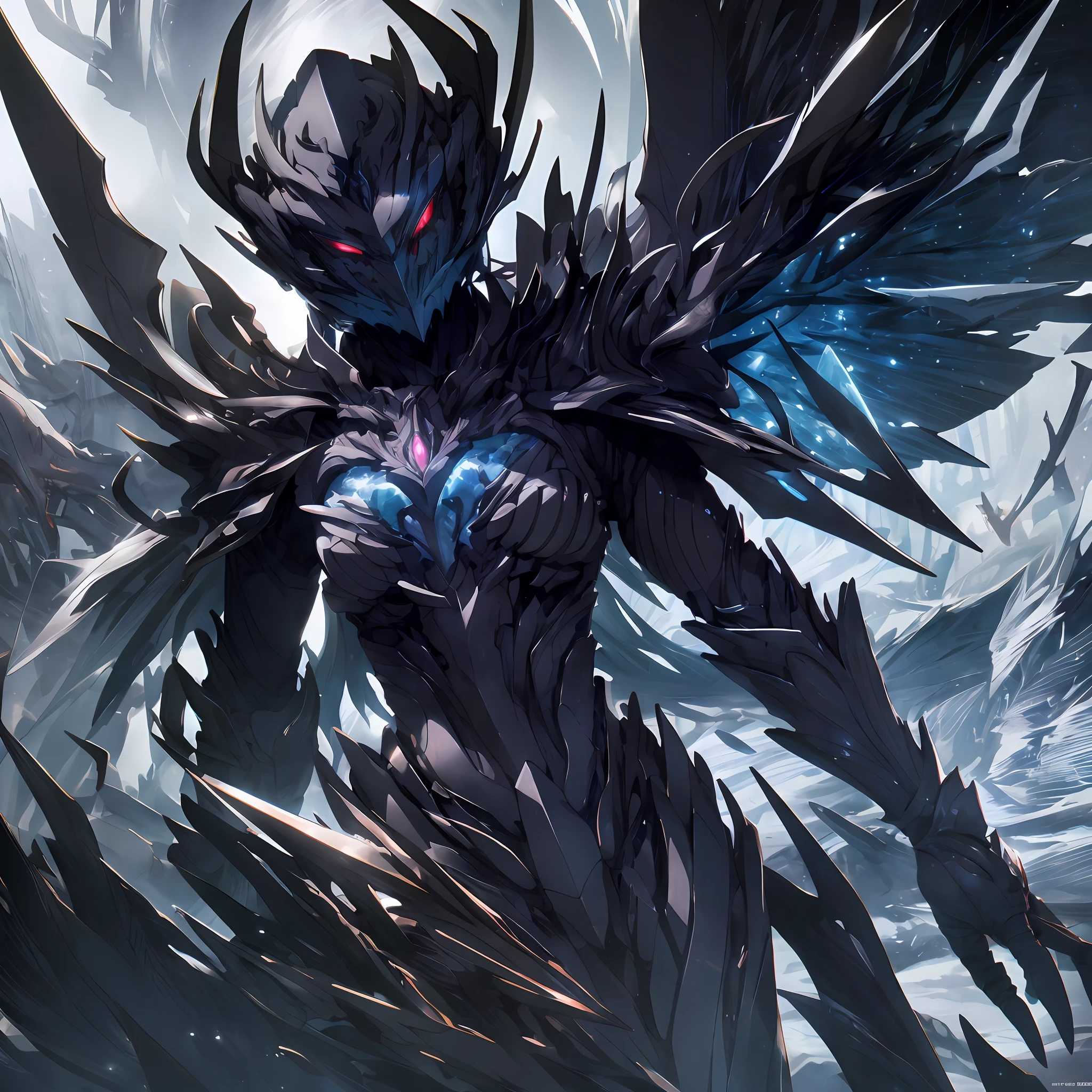 masterpiece, female, highly detailed CG unified 8K wallpapers, 8k uhd, dslr, high quality, clean, best illumination, a god in a black armor, glowing eyes, cinematic, ice wing, godly aura, ultra-high resolution, ultra-high detailed, high-definition, shadowverse style