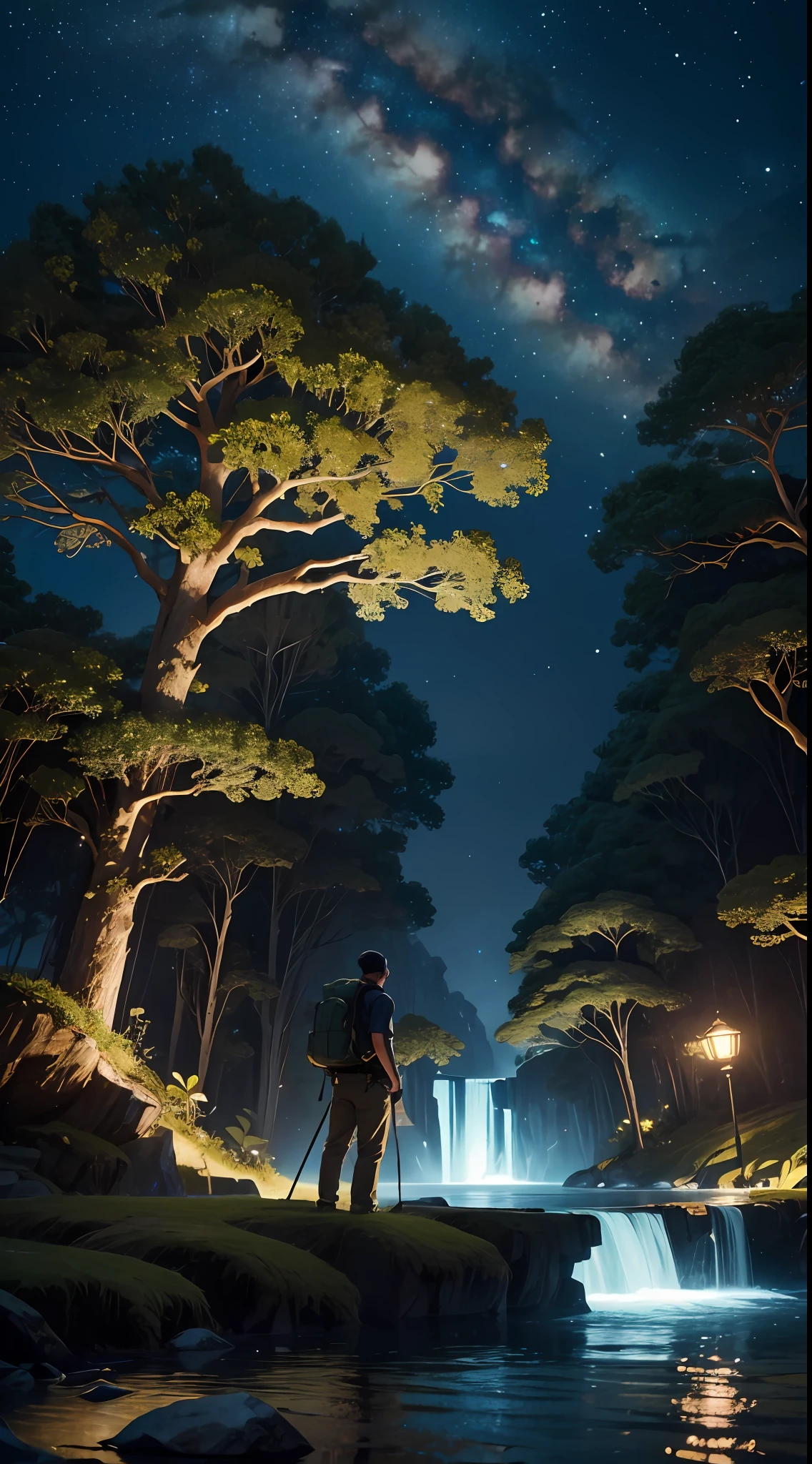 （（best qualtiy））， （（tmasterpiece））， （A detailed：1.4），Enhanced dynamic perspective，jungles，gigantic trees，nighttime scene，starrysky，（darkly：1.4），（（The old adventurer stands on a big tree and feeds the girassed dragon to graze）），（（Butterflies sparkle in the moonlight）），（（A starry stream flowed in front of him）），Crocodiles float on the water，（Adventurer backpack），（weeds），florals，（（（adventurer clothing））），super-fine，Works of masters，high qulity，8K分辨率，depth of fields，电影灯光，Epic shooting，high qulity，super-fine，Detailed pubic hair，Accurate，Cinematic lighting，