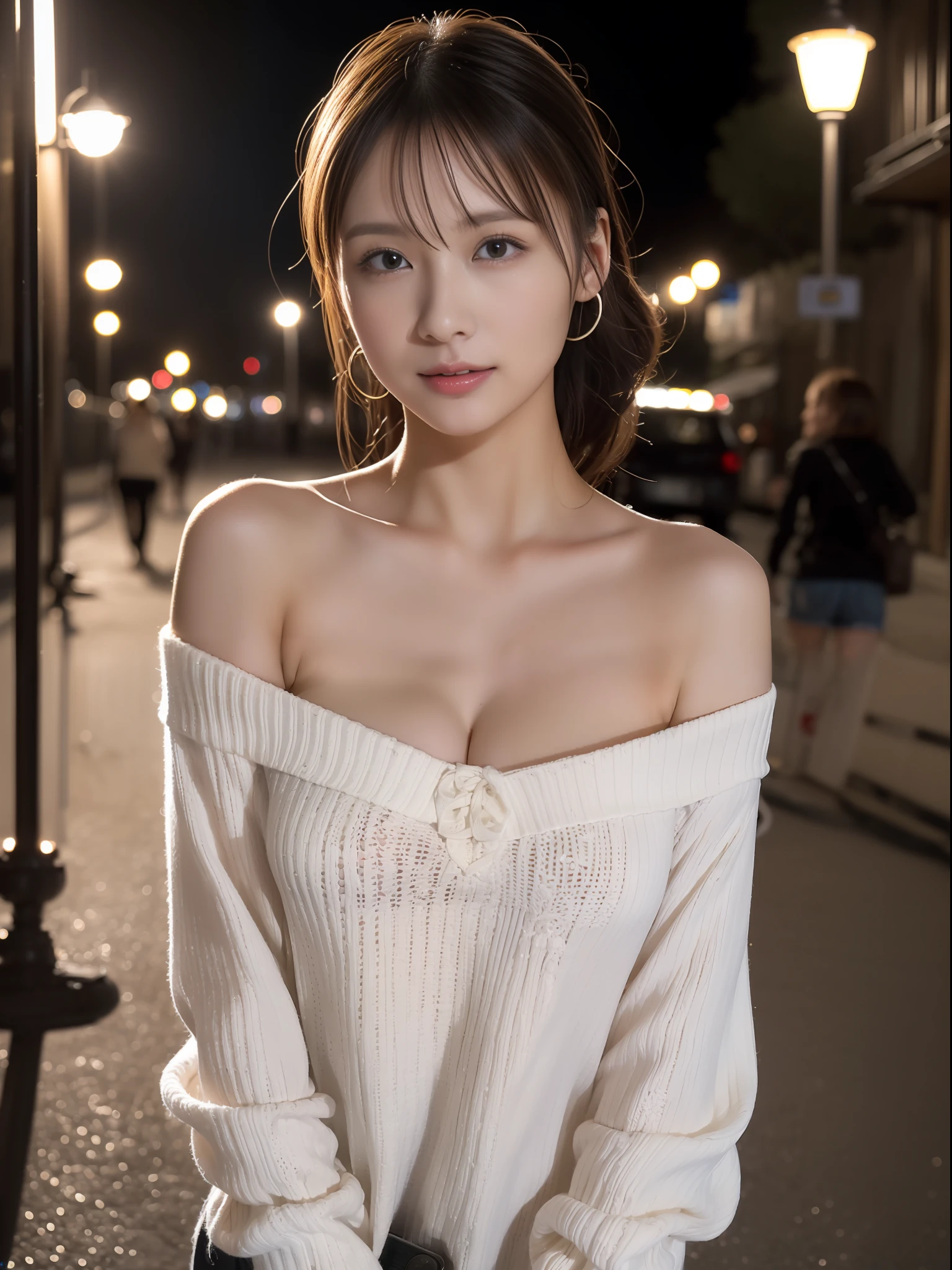 (8K、Raw photography、top-quality、​masterpiece:1.2)、(realisitic、Photorealsitic:1.37)、ultra-detailliert、超A high resolution、1 fair-skinned girl、beautifull detailed face、nighttime scene、In the street、poneyTail、Knitted sweaters、bare shoulders​、Clean arms、(glowing earrings)