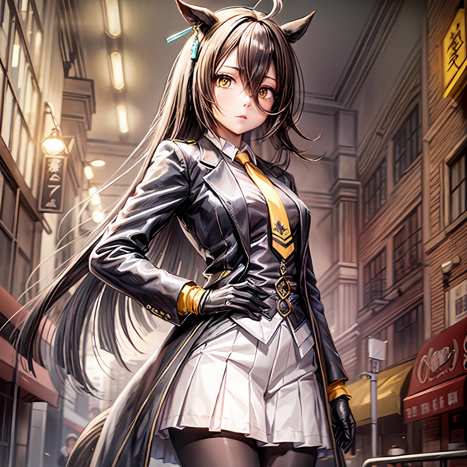 ((masutepiece, Best Quality)),1girl,Manhattan Cafe,Manhattan Cafe(Racing clothes),horse girl,horse ears,hair_between_eyes,solo,pantyhose,long_hair, black_hair, black gloves,yellow_eyes,ahoge,necktie,black_jacket,skirt,black_footwear,small_breasts