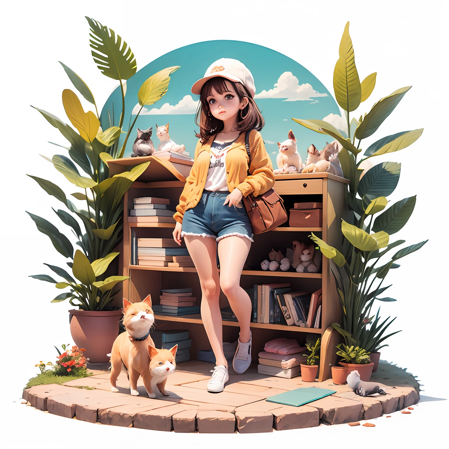 Uma Viagem à Terra dos Animais Falantes: Laura e seu animal de estimação Max várias poses e expressões em um fundo branco, estilo de ilustração de livro infantil, simples, Pescador, 6 anos, cores, Cabelo castanho curto, Cor Lisa |, camisa branca de manga curta, shorts jeans sem cinto, sem chapéu, Nenhum livro sem óculos, sem mochila --auto