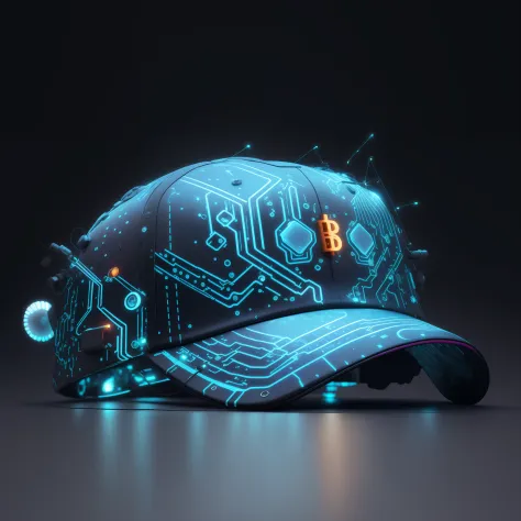 Arafed cap with electronic circuit and a bright light, cyberpunk accessory, bitcoin symbol, tem estilo cyberpunk, 3 d, cybernetic and highly detailed, arte digital altamente detalhada, 3d renderizar arte digital