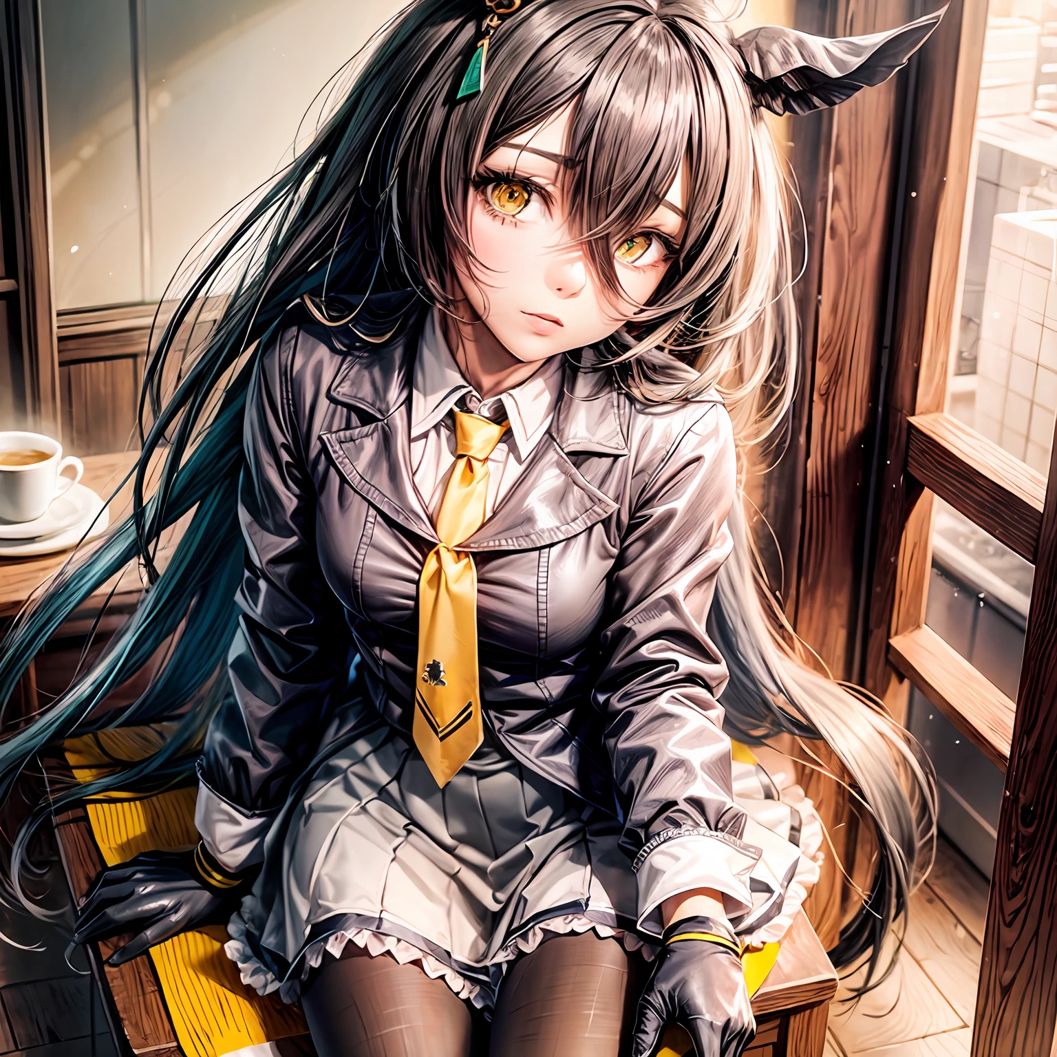 ((masutepiece, Best Quality)),1girl,Manhattan Cafe,Manhattan Cafe(Racing clothes),horse girl,horse ears,hair_between_eyes,solo,pantyhose,long_hair, black_hair, black gloves,yellow_eyes,ahoge,necktie,black_jacket,skirt,black_footwear,small_breasts,close-up