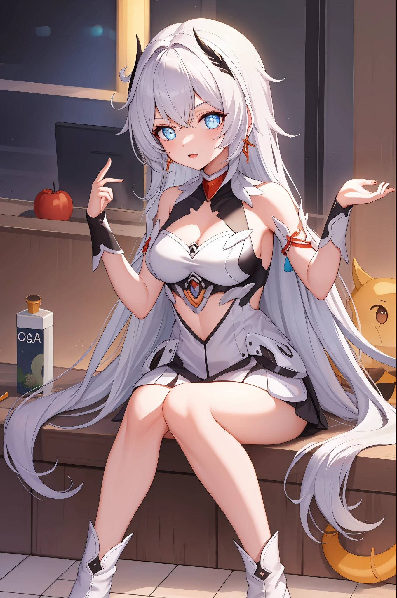 yard, 1girl, Kiana Kaslana, 独奏, breasts small, middlebreasts, blue colored eyes, gauntlets, White hair, neckleace, jewelly, hypdertailed, aretes, bared shoulders, cloused mouth, bangss, simple background, hair ornament, gazing at viewer, hair between the eyes, blue torn cover, armor with blue details, Antenna Hair, booties de coxa, white thigh highs, black gloves, booties, white footwear