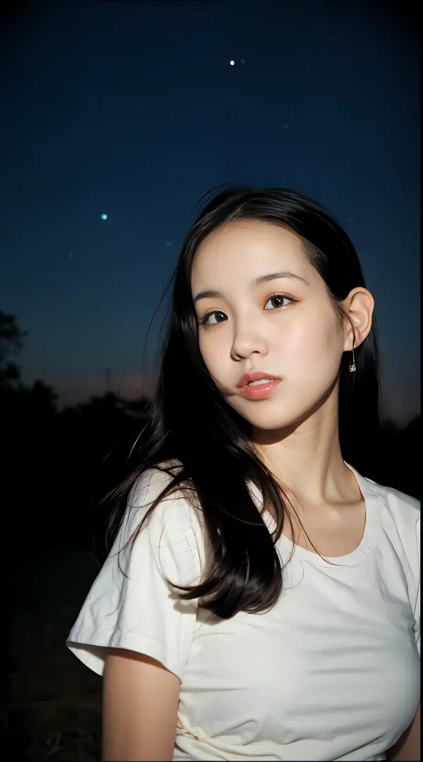 Amai Liu, nigth，Foto hiperdetalhada, Beautiful Korean kpop idol Woman, [Selvas|campo], Stars in the sky, Foco suave, dois bocados, filmgrain, Canon RF, F/2.8