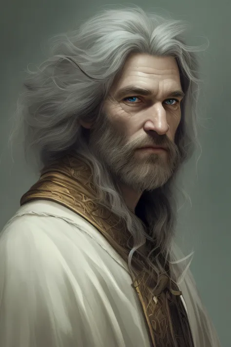 old cleric dungeons and dragons, white hair, beard, white tabard, staff, fallen, wounded cave, realistic