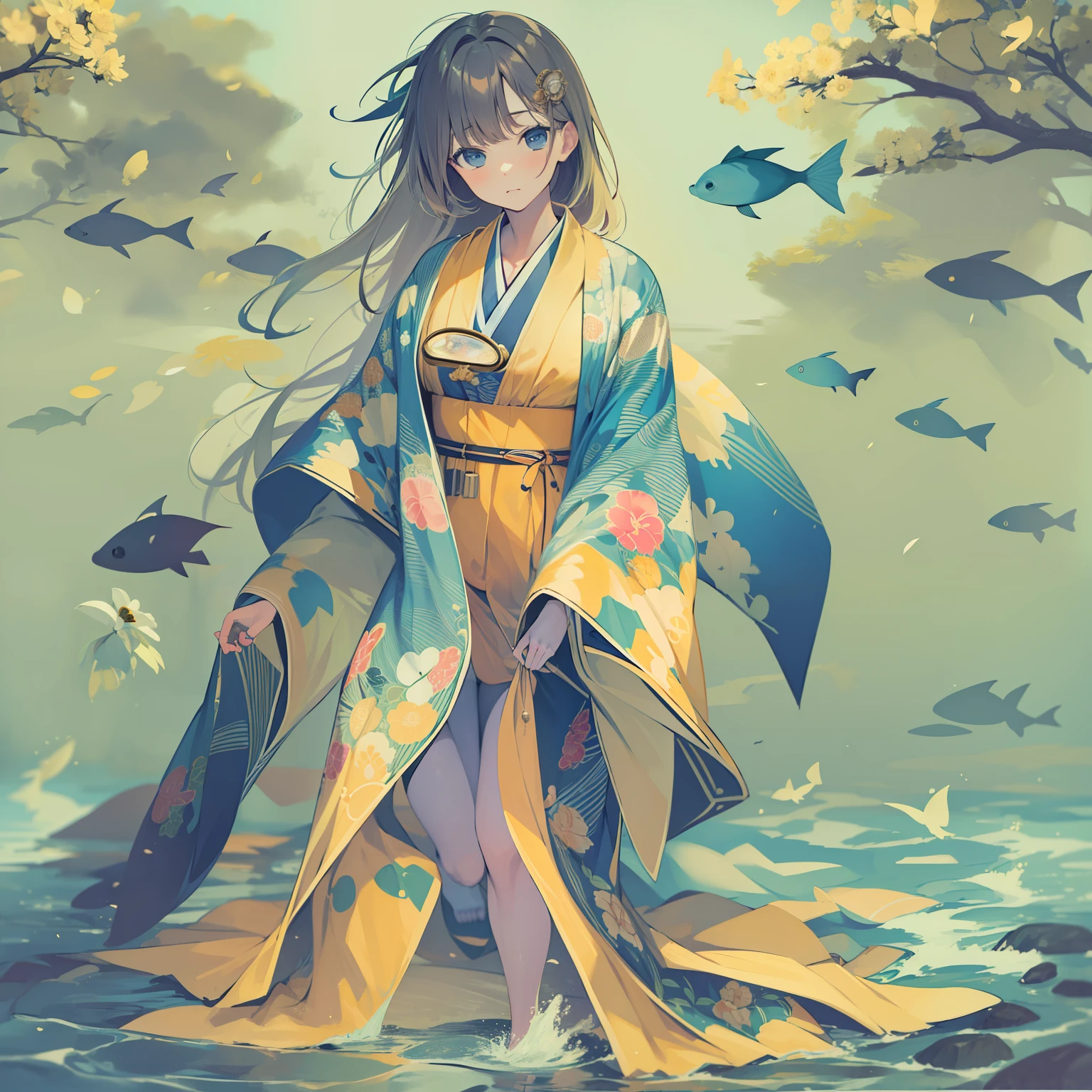 ((Masterpiece)), (Best Quality), Amelia Watson,amelia_kimono, blue kimono, yellow hakama, fish print, (NSFW: 1.5), full body, solo