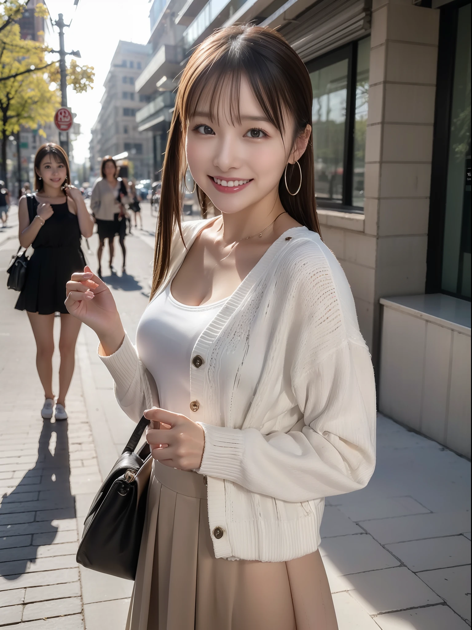 (8K、Raw photography、top-quality、​masterpiece:1.2)、(realisitic、Photorealsitic:1.37)、ultra-detailliert、超A high resolution、1 fair-skinned girl、beautifull detailed face、In the street、full body Esbian、poneyTail、hand bag、Cardigan、flered skirt、(glowing earrings)、a smile