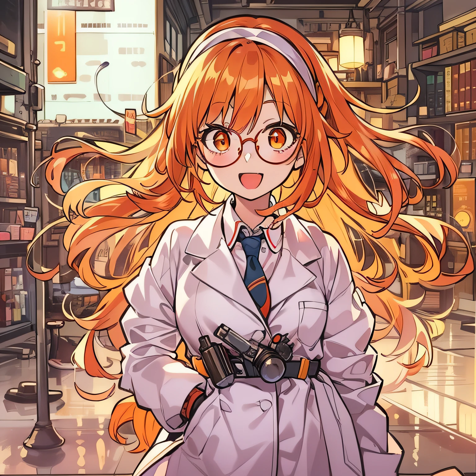 masterpiece, good quality, high quality art, 1girl, orange red hair color, wearing a lab coat, drill hair, happy face, wearing a skirt, round glasses, cool style