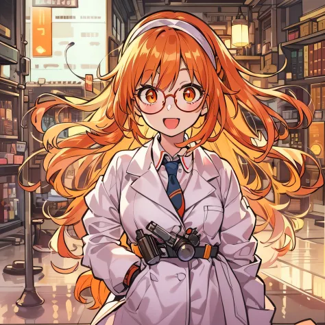 masterpiece, good quality, high quality art, 1girl, orange red hair color, wearing a lab coat, drill hair, happy face, wearing a...