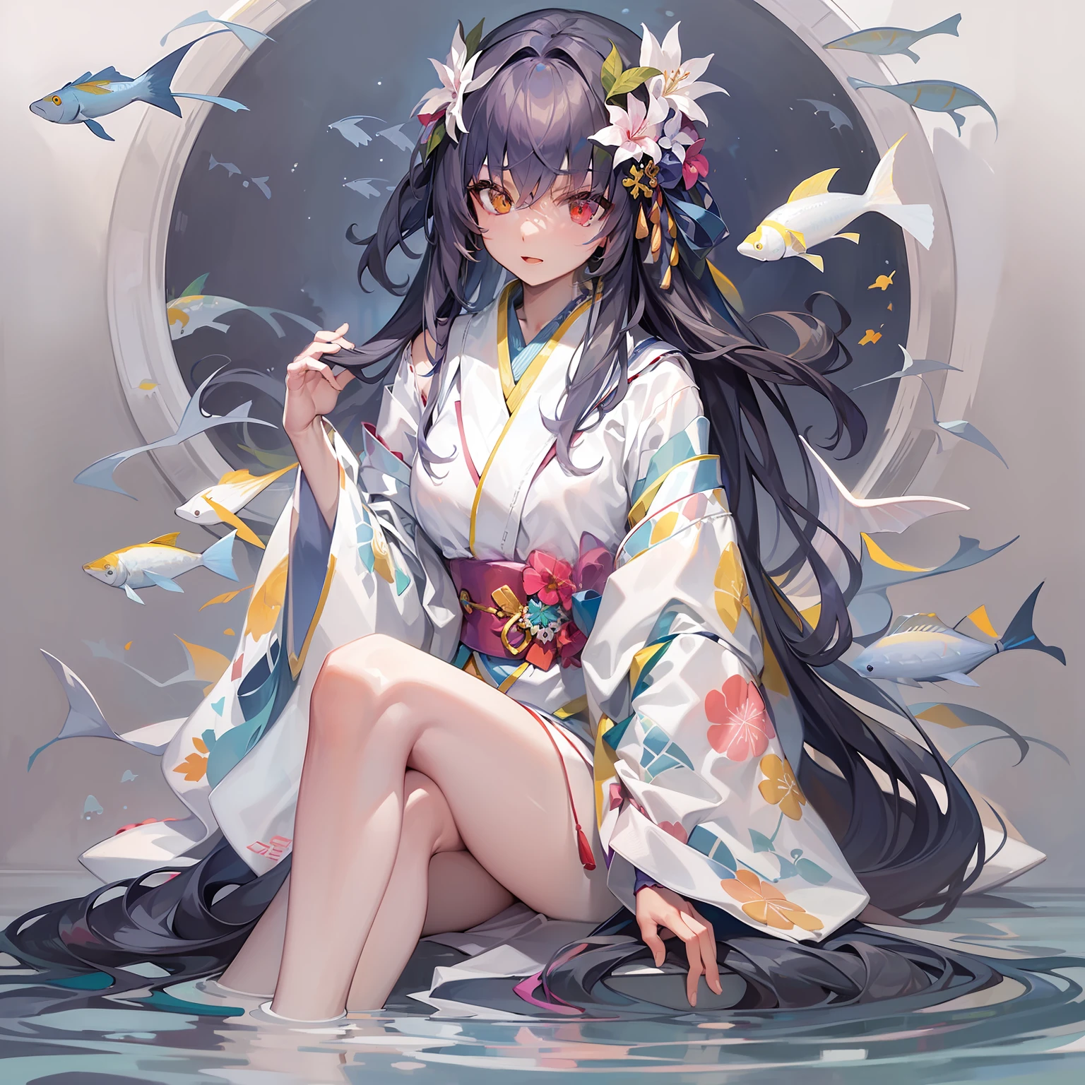 ((Masterpiece)), (Best Quality), Amelia Watson,amelia_kimono, white kimono, white hakama, fish print, (NSFW: 1.5), full body, solo