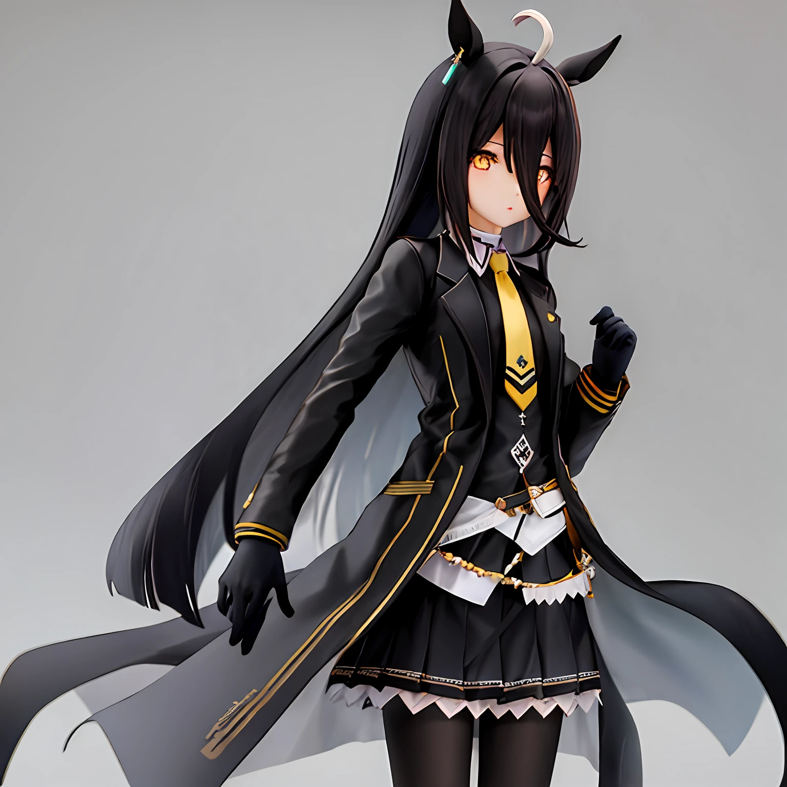 1girl in,manhattan-cafe,manhattan-cafe(Racing Wear),Horse Girl,Horse ears,hair_Bland_Eyes,Solo,pantyhose,long_hair, Black_hair, Black Gloves,yellow_Eyes,Ahoge,neck tie,Black_Jacket,Skirt,Black_Footwear,Simple background