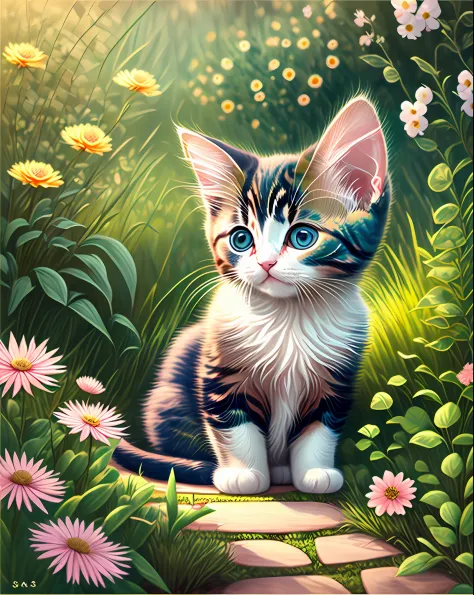 a very cute kitten in the middle of a beautiful garden with flowers --auto --s2