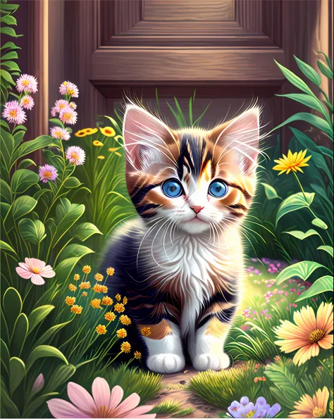 a very cute kitten in the middle of a beautiful garden with flowers --auto --s2