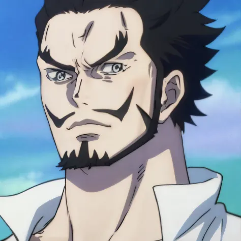 um close up de um homem com barba e camisa, Hideaki ano anime, from one piece, Okab Rintarou, Engrenagem Luffy 5, Roronoa Zoro, ...