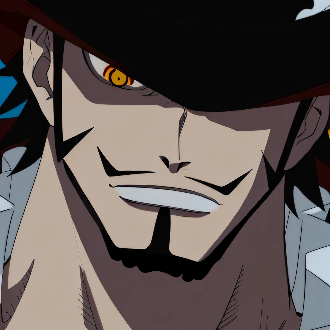 A closeup of a man with a hat and mustache, from one piece, Retrato de Shanks Le Roux, sorriso roguish, Luffy (one piece, piercing stare, Luffy, Engrenagem Luffy 5, sorriso nefasto, menacing stare, choke smirk smile grin, Macaco D Luffy, gunfire, intimidating look