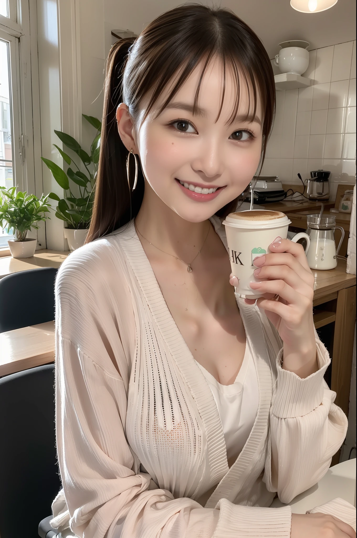 (8K、Raw photography、top-quality、​masterpiece:1.2)、(realisitic、Photorealsitic:1.37)、ultra-detailliert、超A high resolution、1 fair-skinned girl、beautifull detailed face、poneyTail、Light pink cardigan、(glowing earrings)、A smile、Coffee shop with open terrace、sit a chair、Coffee on the desk