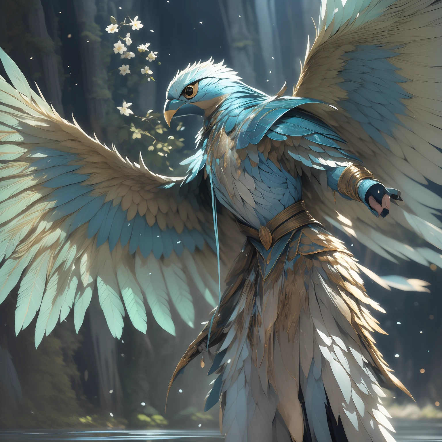 um aarakocra tribal, com penas brilhantes e olhos penetrantes. Sua plumagem varia de tons de azul, branco e prateado, reflecting the purity of the heavens. She is elegant and agile in her movements, demonstrating grace and authority. Hiper detalhista, dungeons and dragons, unreal engine, inviting colors overhead lighting, volumetric lighting