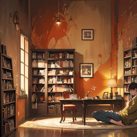 brown room, a bookcase, books, a study table and a boy studying in front of table , low light room, mostly brown colors, a bed ,...