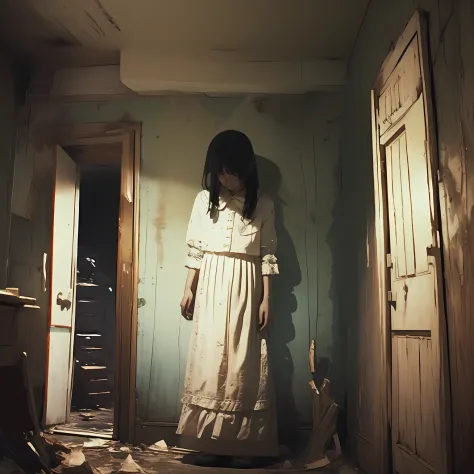 Photos of ghosts only Japan teenage girl. In the dim light, The scope of claustrophobia in a small room in Tokyo, A ghostly pres...