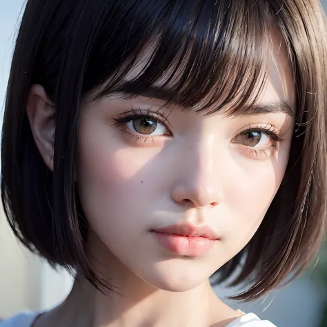 there is a woman with a short hair and a white shirt, the face of a beautiful Japanese girl, cute natural anime face, With short hair, girl cute-fine-face, Stunning anime face portrait, close up of a young anime girl, japanese facial features, soft portrai...