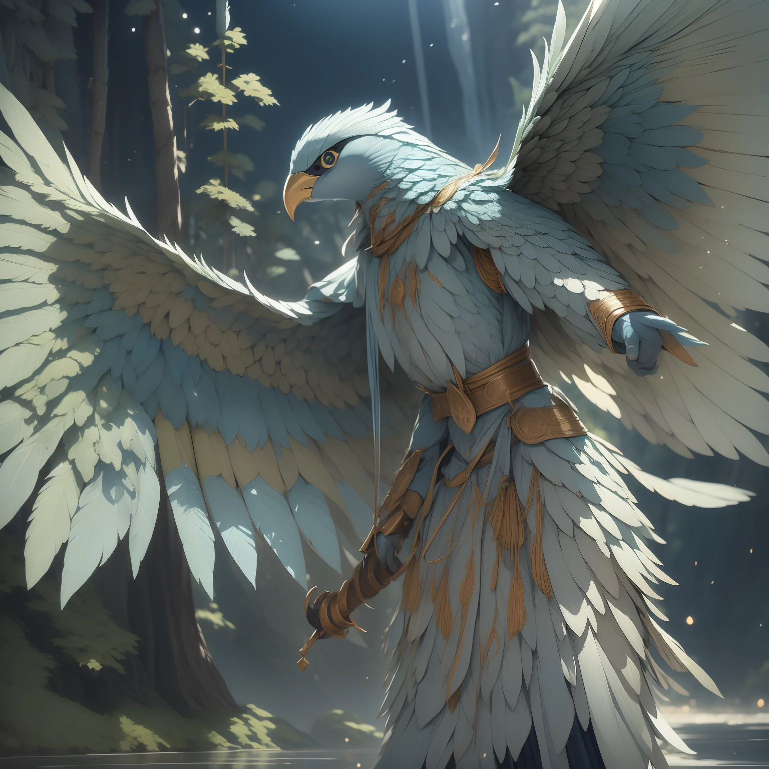阿拉科克拉部落, 有着明亮的羽毛和锐利的眼睛. 它的羽毛有深浅不同的蓝色, 白色和银色, 反映出天堂的纯净. 她动作优雅敏捷, 展现优雅和权威. 超详细, 龙与地下城, 虚幻引擎, 诱人色彩的顶灯, 体积照明