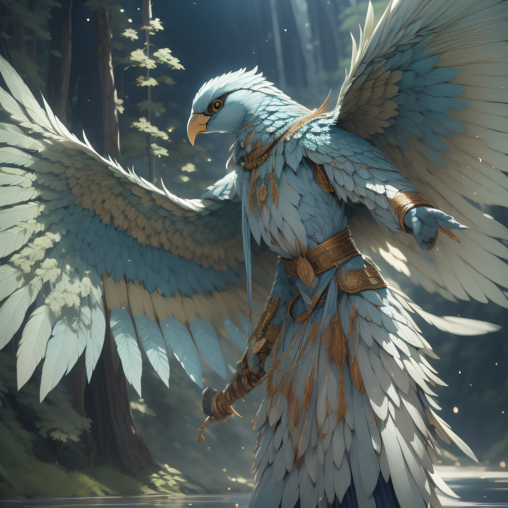 un aarakocra tribal, avec des plumes brillantes et des yeux perçants. Son plumage varie des nuances de bleu, blanc et argent, reflétant la pureté des cieux. Elle est élégante et agile dans ses mouvements, faire preuve de grâce et d&#39;autorité. hyper détaillé, donjons et Dragons, moteur irréel, Éclairage zénithal aux couleurs invitantes, éclairage volumétrique