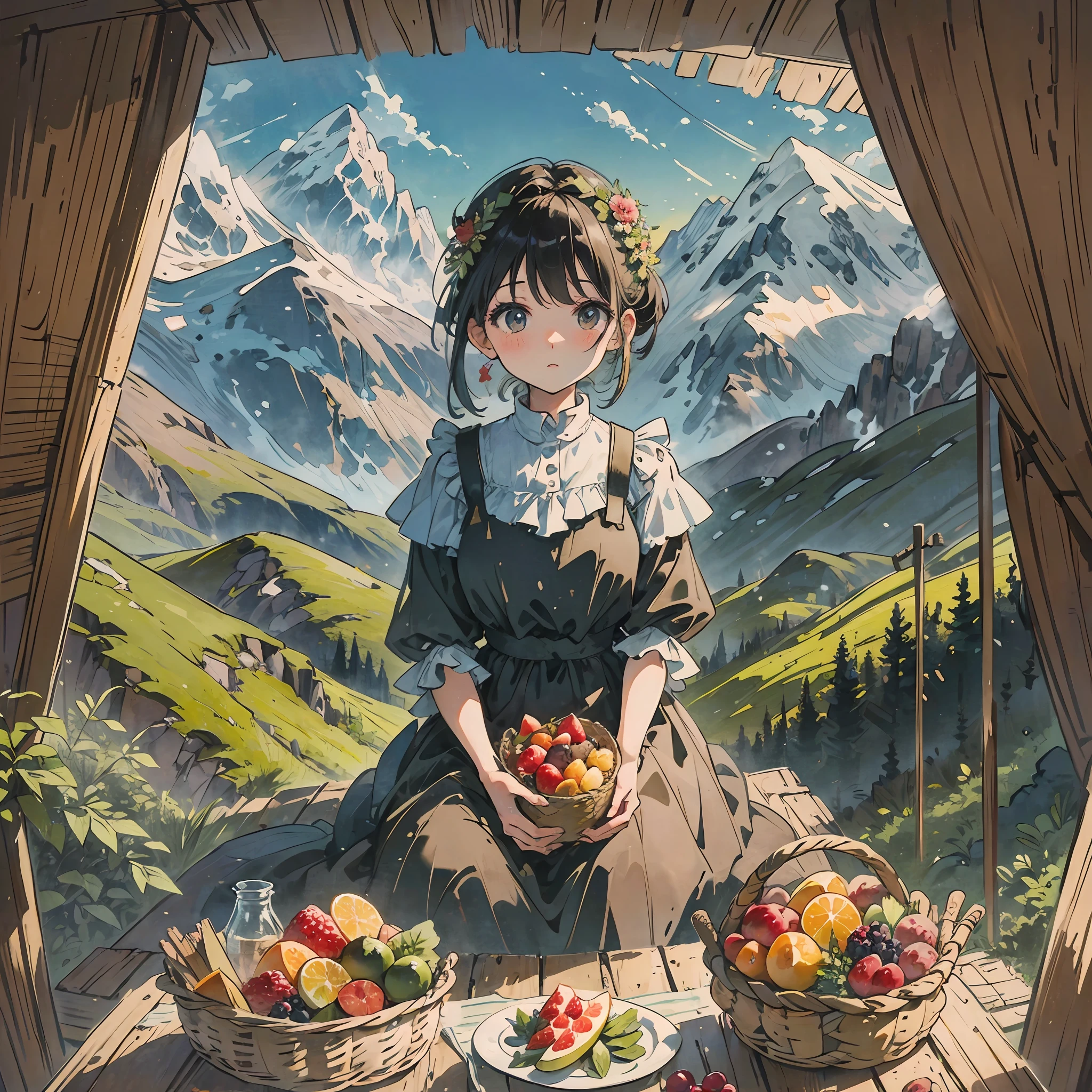  with dress making a picnic with her father and her mother and her brother 5 people basket with beautiful fruits and in the background a beautiful landscape of mountains bright colors beautiful drawing --auto --s2