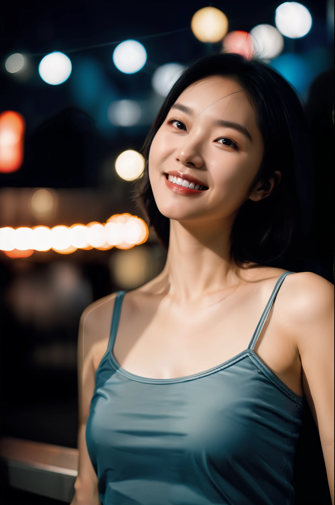 1girl, idol, model, depth of field, photo, film, face, skinny, smile, collarbone,  teeth, movie, camisole, selfie, night,