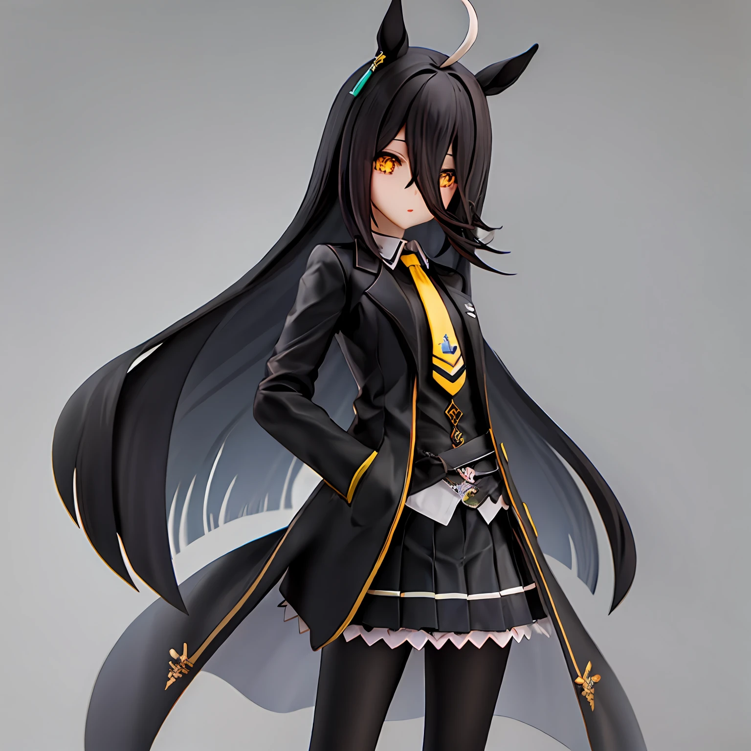 1girl in,manhattan-cafe,manhattan-cafe(Racing Wear),Horse Girl,Horse ears,hair_Bland_Eyes,Solo,pantyhose,long_hair, Black_hair, Black Gloves,yellow_Eyes,Ahoge,neck tie,Black_Jacket,Skirt,Black_Footwear,(shiny:1.2),Simple background