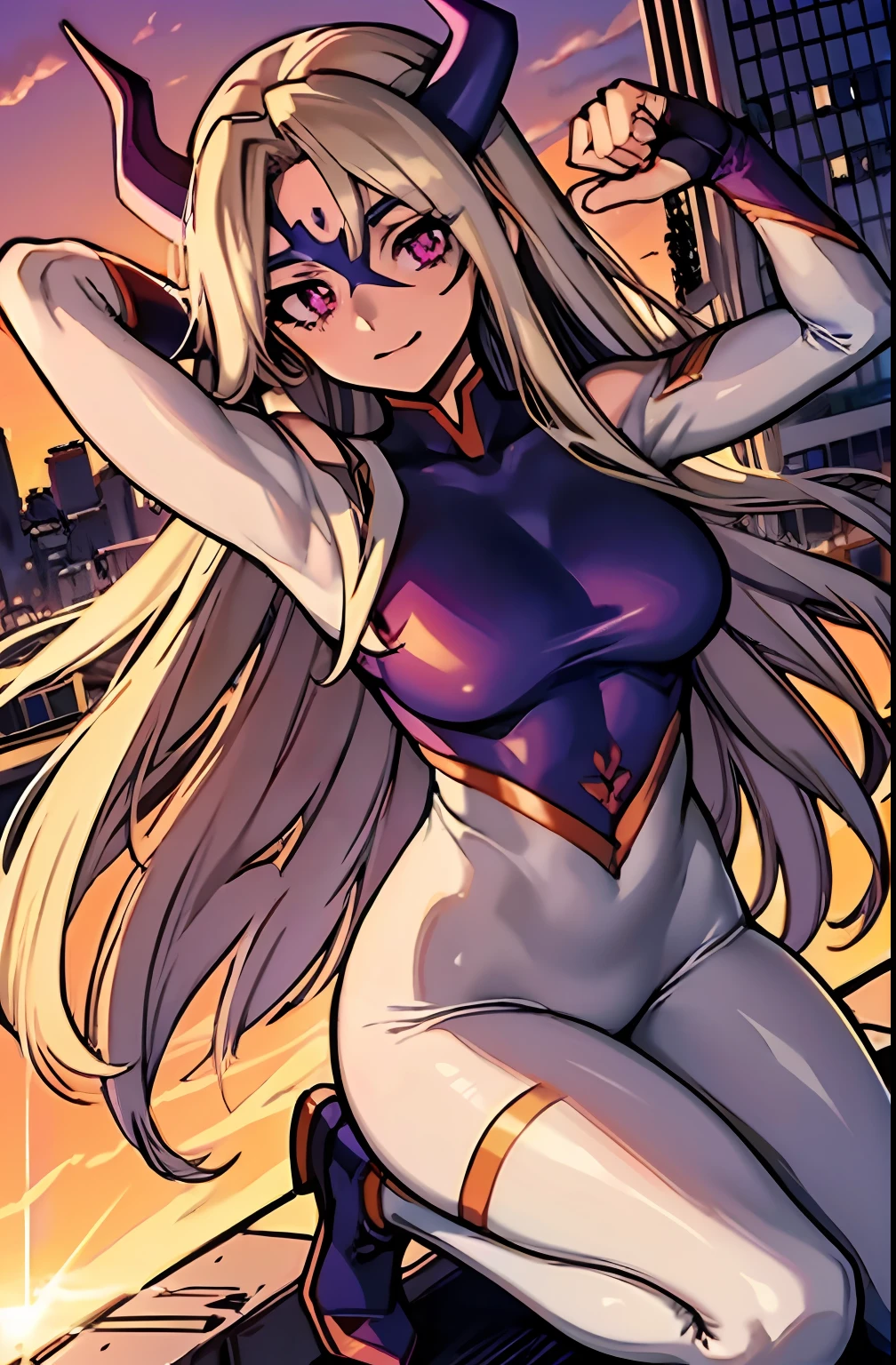 scan, (extremely detailed CG unity 8k wallpaper:1.1), highres, (1girl), mtladymha, boku no hero academia, long hair, blonde hair, horns, domino mask, bodysuit, large breasts, purple eyes, sunlight, ambient light, city, looking at viewer, full body,