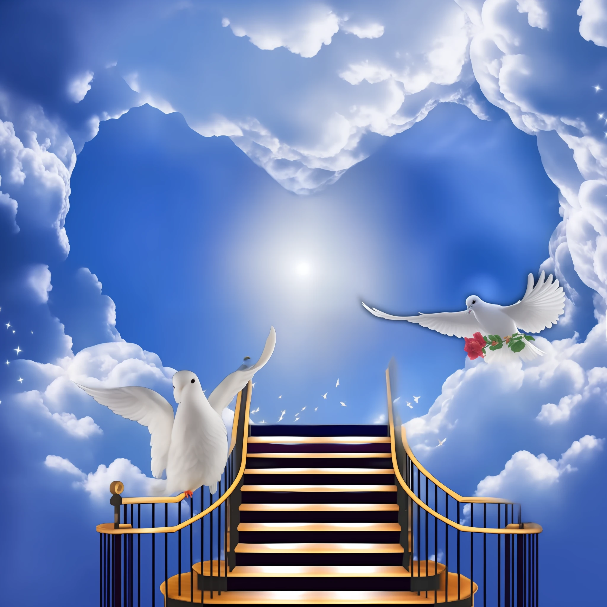 A picture of a stairway leading to a sky with two white doves - SeaArt AI