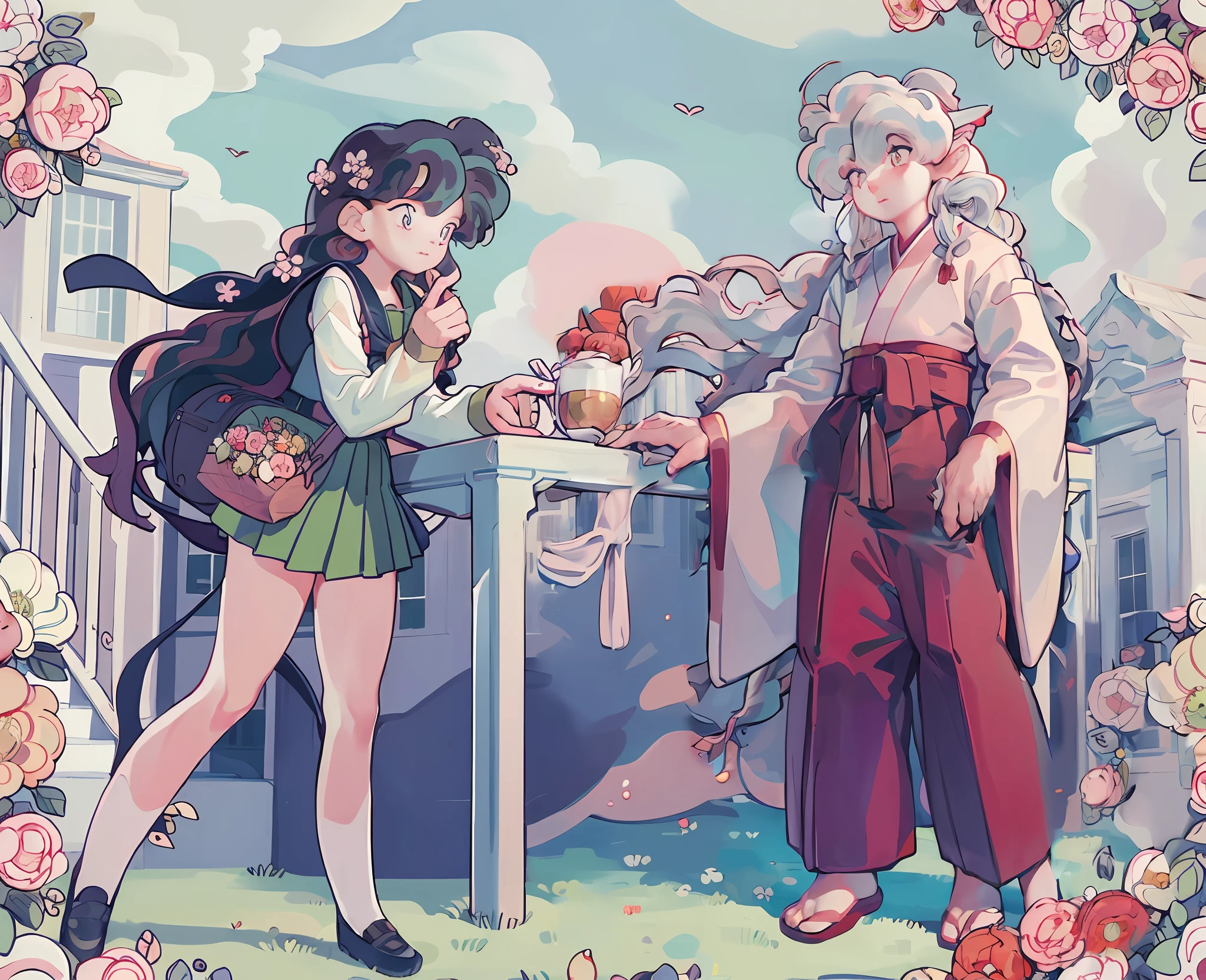 (1boy:1.5), outdoors, red kimono, (inuyasha:1.5) cat ears, (red hakama:1.5)