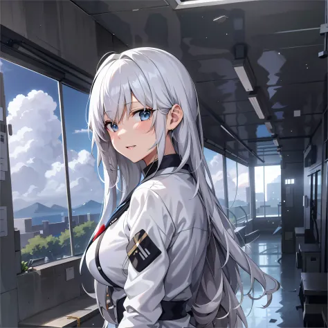 anime girl with long white hair and white jacket, kantai collection style, from girls frontline, girls frontline style, girls fr...