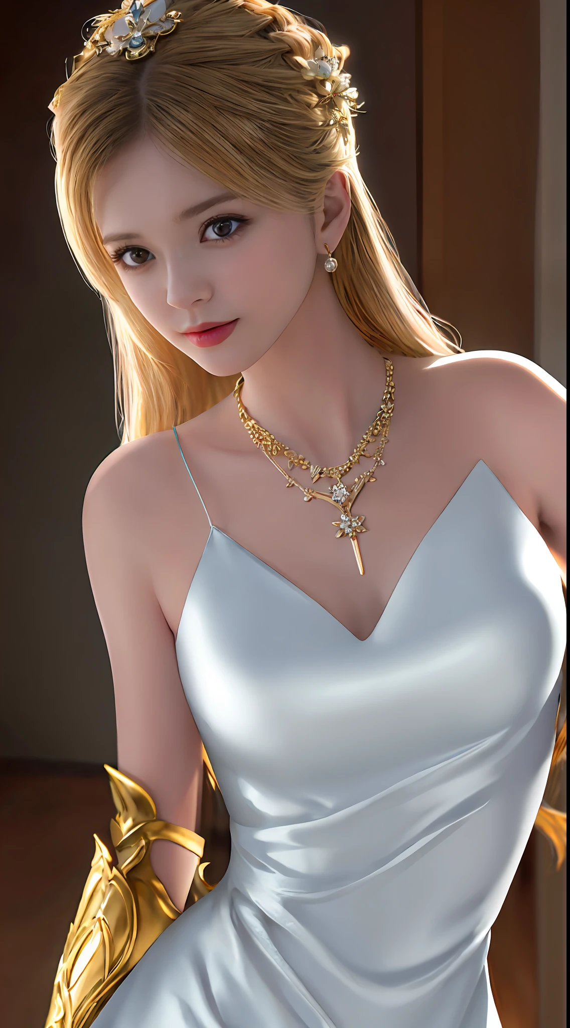 top-quality、​masterpiece、hight resolution、In a beautiful environment、(1girl)、Porcelain Dress、hairaccessories、a necklace、jewely、beautiful countenance、High quality skin(high detailed skin:1.2)、realisitic(Tindall Effect)、Background Edge Feathering(Rim Lighting)Two-tone background with(dual-tone lighting)、Oblique light source(Soft light)and volumetric light effects with high-quality detail、Interesting moves(candid shot)、Photographer's viewing angle(a picture)、 超A high resolution(8K UHD)、DSLR Imaging Technology、Suitable for 4K and 8K lighting、True to the realism of blond hair and golden armor、Experience the best size dimensions for high-quality conversions。」full bodyesbian