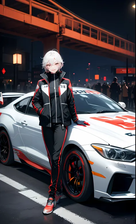 masterpiece, best quality, leaning against car, underground street racing, oversized racing jacket, racing gloves, oversized clo...