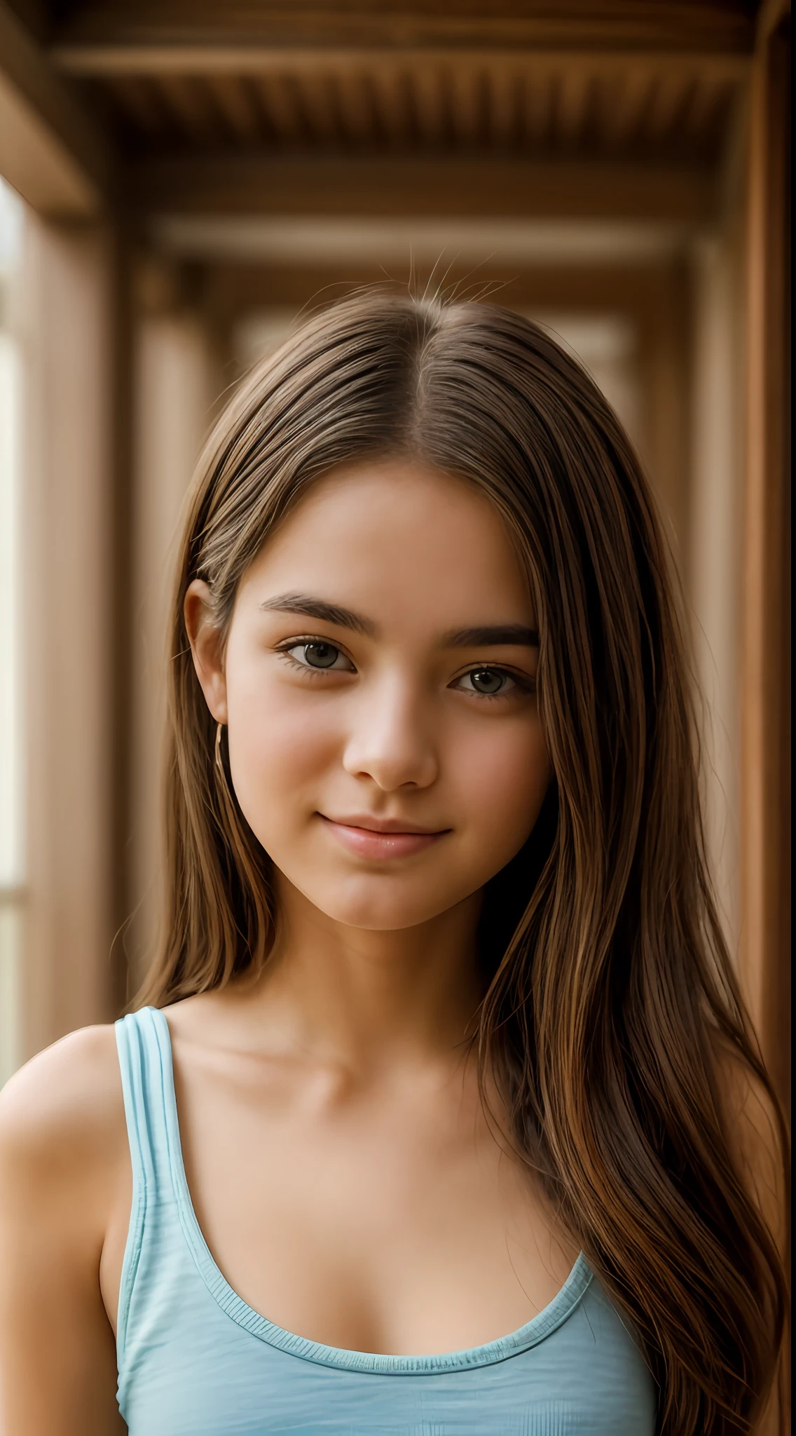 A close up of a young woman with long hair and a blue tank top - SeaArt AI