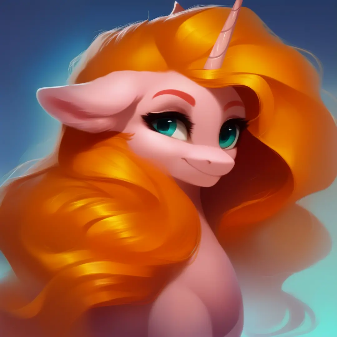 score_9,rating_suggestive, feral unicorn, pink mare with a long orange mane with red stripes, turquoise eyes, feminine features,...