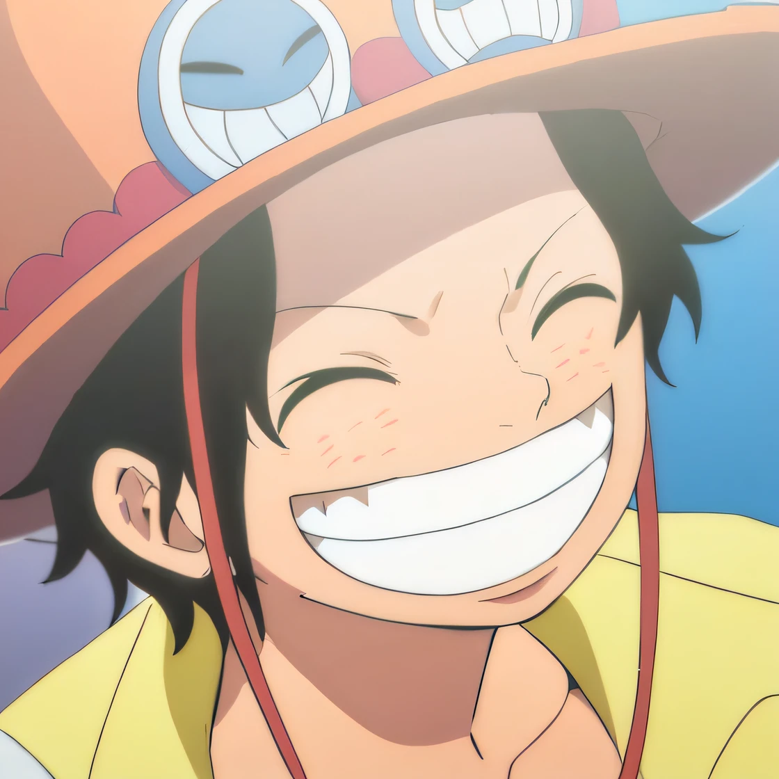 Há um homem de chapéu sorrindo e segurando um telemóvel, Luffy, Macaco D Luffy, from uma pedaço, Macaco D. Luffy, Luffy (uma pedaço, Luffy de One Piece, inspirado em Eiichiro Oda, portrait of luffy from uma pedaço, Estilo One Piece, Estilo Eiichiro Oda, sorrindo loucamente, sorrindo lascivamente --auto