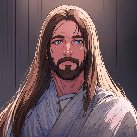 (symmetry),centered,a ((close)) up portrait,(jesus),a very thin white man with long brown hair and a beard,wearing a long white ...