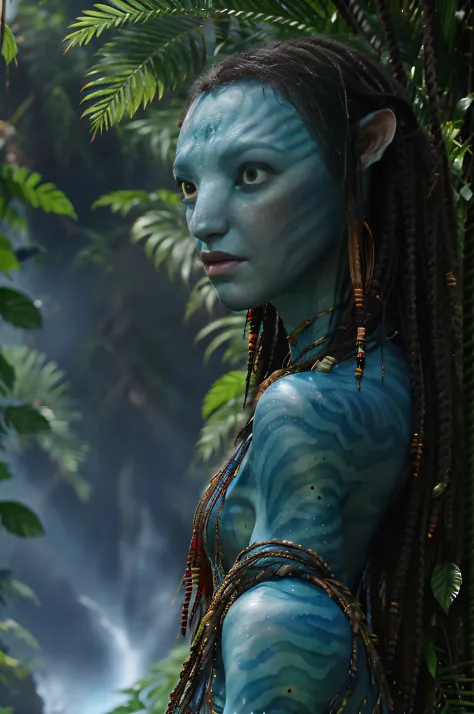 (Masterpiece, A high resolution), Avatar girl hunting, , IMAX, color difference,  Depth of field, Ocean, waterfallr, Blue skin, dress, Sci-fi, Detailed, Realistic, Cinematic lighting, AOA, Na'vi，Detailed details, jungles, oases, giant and wet trees, Close-...