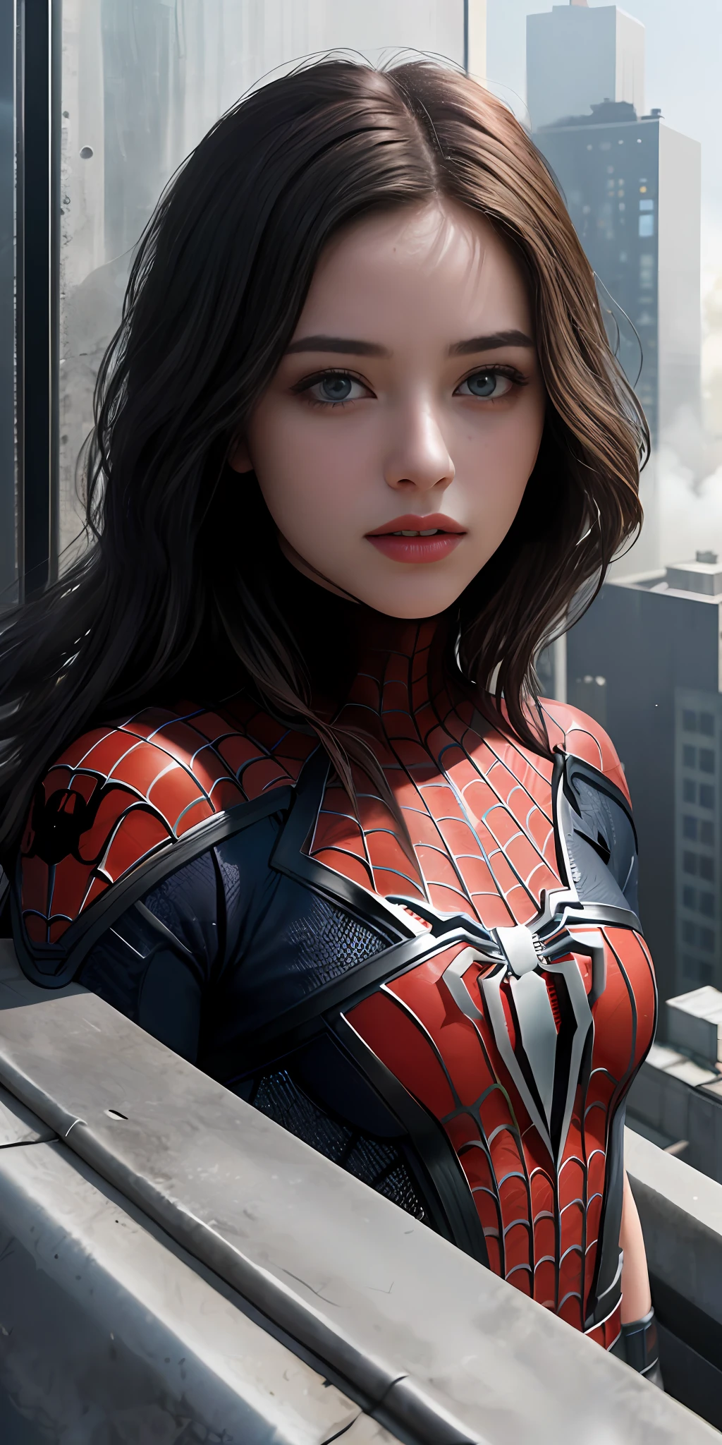 (1girl:1.3), Solo, (((Very detailed face)))), ((Very detailed eyes and face)))), Beautiful detail eyes, Body parts__, Official art, Unified 8k wallpaper, Super detailed, beautiful and beautiful, beautiful, masterpiece, best quality, original, masterpiece, super fine photo, best quality, super high resolution, realistic realism, sunlight, full body portrait, amazing beauty, dynamic pose, delicate face, vibrant eyes, (from the front), She wears Spider-Man suit, red and black color scheme, spider, very detailed city roof background, rooftop, overlooking the city, detailed face, detailed complex busy background, messy, gorgeous, milky white, highly detailed skin, realistic skin details, visible pores, clear focus, volumetric fog, 8k uhd, DSLR, high quality, film grain, fair skin, photo realism, lomography, futuristic dystopian megalopolis, translucent