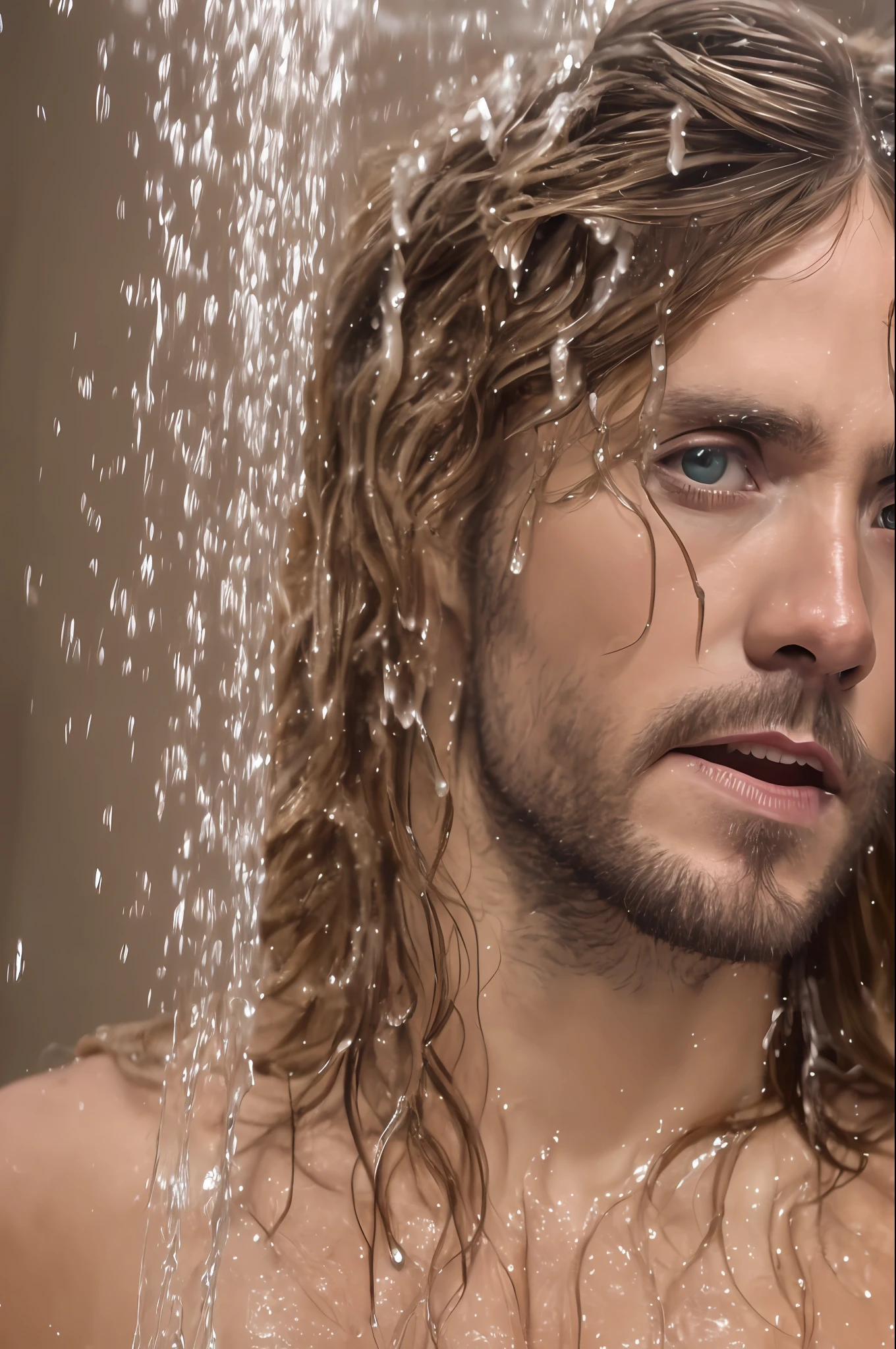 Arafed man with long hair and blue eyes standing under a shower - SeaArt AI