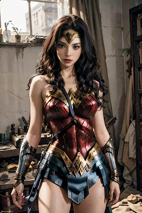 Usando color maravilla_Mujer_cosplay_Traje hecho_de_Fractales, robo, ladornes se preparan para disparar a wonder woman