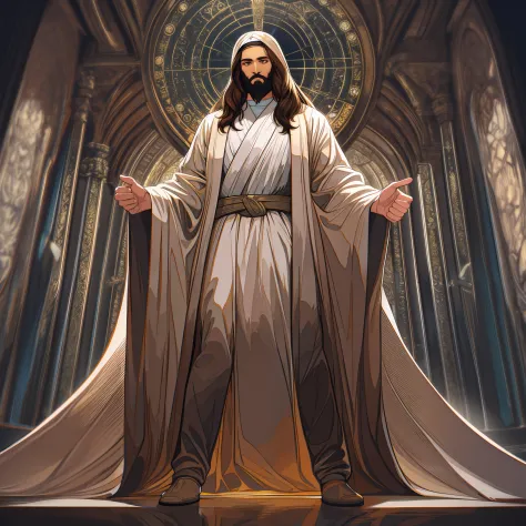 (symmetry),centered,a full body picture,(jesus),a very muscular light brown man with long brown hair and a beard,wearing a long ...