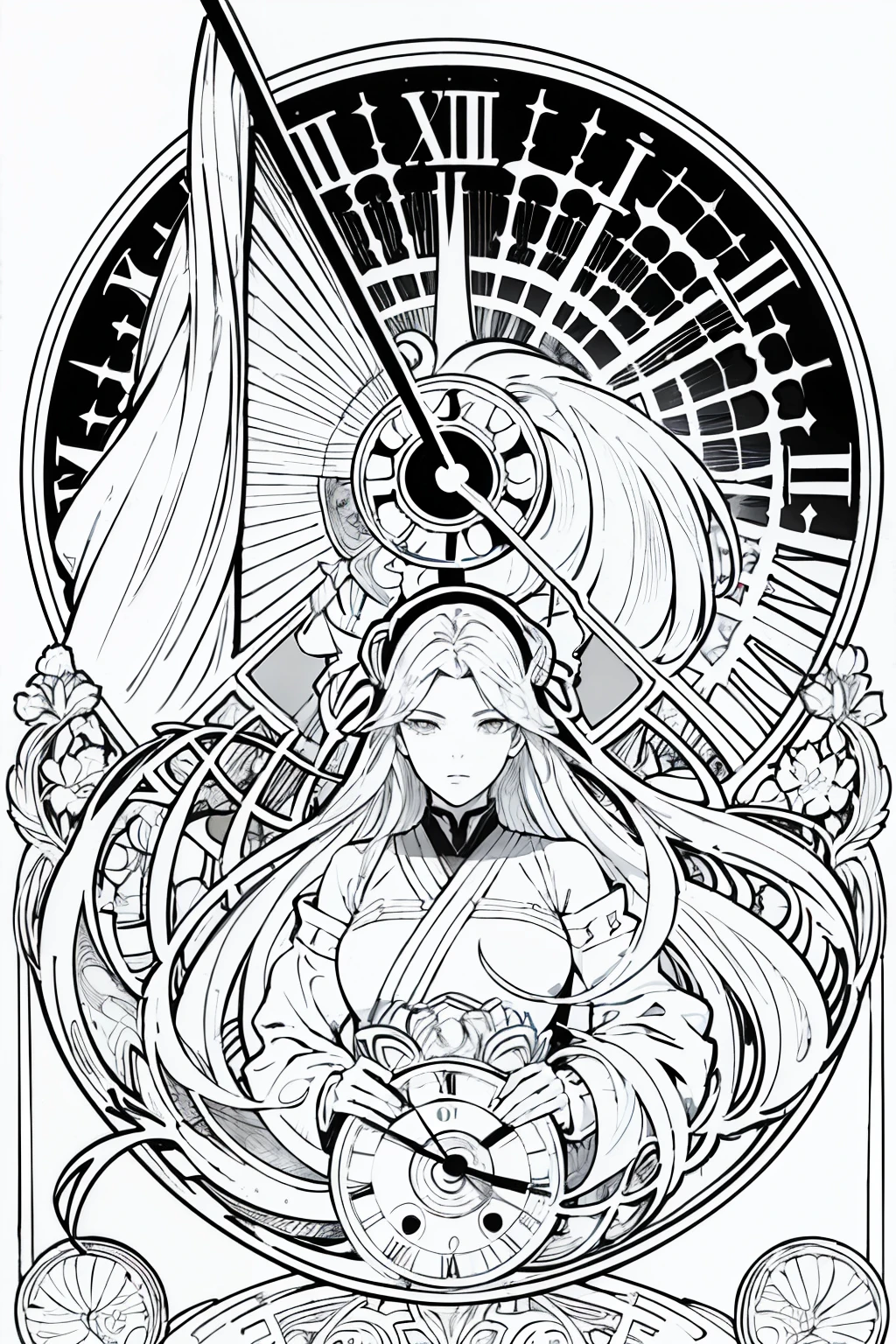 Painting of two women with long hair and a clock, Beautiful line art, black and white line art, Beautiful line art, Very fine ink strokes, high detailed official artwork, Black Line Art on White, artwork, Picture books, highly detailed exquisite fanart, Black ink strokes, Fantasy Fan Art, By Yoshihiko Wada, Anime Art Nouveau Universe Show
Art by Alphonse Mucha ,draft,Only character lines and scenes remove color.., Not shadows.
(master-piece, beste-Qualit, highres:1.4), Detailed, intricate detailed, 10, color splashes, line art, Fibonacci,