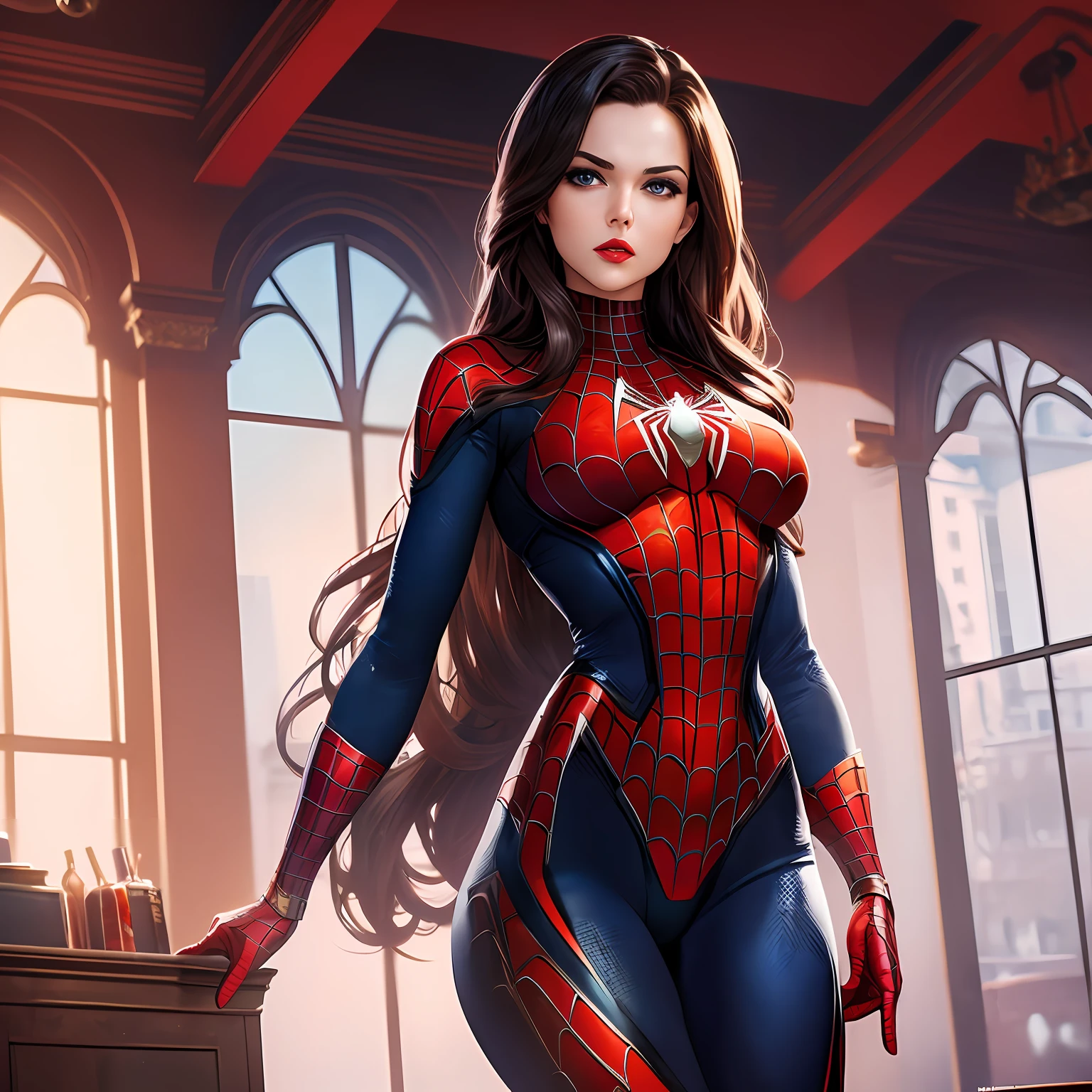 Uma mulher vestida de homem-aranha em frente a uma janela - SeaArt AI